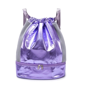 Metallic purple drawstring sports backpack with grey mesh and bottom dry-wet compartment