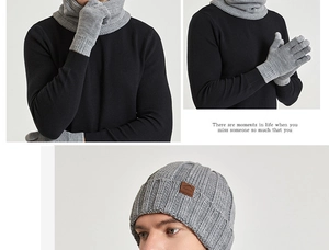 Three-piece winter knit set with grey beanie, neck warmer and gloves for men and women