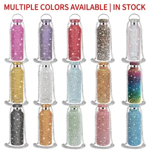 Sparkling diamond stainless steel water bottle with chain strap in 15 vibrant colors