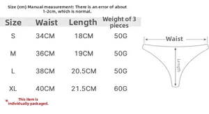 Size chart for rhinestone ice silk thong with measurements for S to XL waist and length