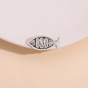 Jesus Fish Brooch Pin Alloy Hollow Lettering Antique Silver Religious Ichthys Badge For Clothing Lapel Decoration