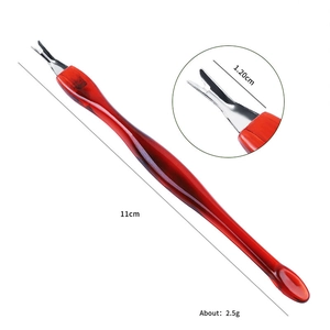 Manicure cuticle fork with stainless steel head and red resin handle 11cm length