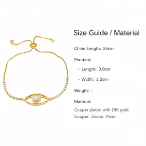 Pulsera de ojo turco bañada en oro de 18K con perlas y detalles de las medidas
