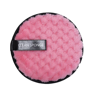 Pink waffle texture facial cleansing sponge with black trim and Clean Sponge label