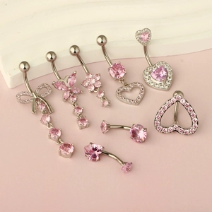 Piercing de nombril en acier inoxydable avec pendentif papillon et zircon rose brillant