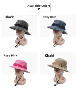 Detail of washed cotton bucket hats in four colors with embroidery and windproof cord