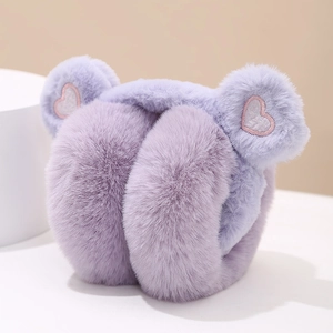Detail of plush purple earmuffs with cute bear ears and pink heart embroidery