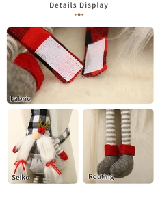 Detail of Christmas gnome curtain tie with velcro fastener and plaid fabric pattern