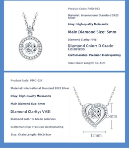 S925 silver necklace with dancing heart and round Moissanite pendant details