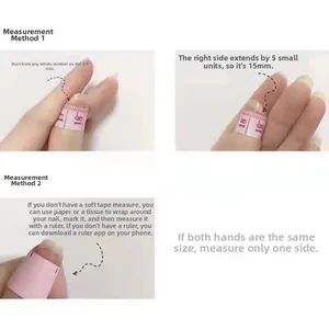 Size measurement guide for press-on nails showing ruler and paper tape methods