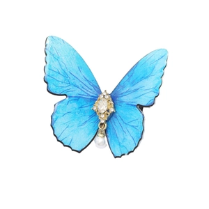 Elegant blue butterfly hair clip with gold filigree and water drop pearl pendant