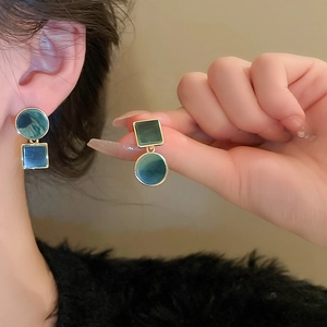 Vintage green marble acetate earrings with asymmetric square and round geometric shapes