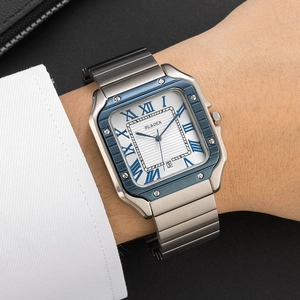 Classic square men's watch featuring a silver steel band and blue Roman numeral dial