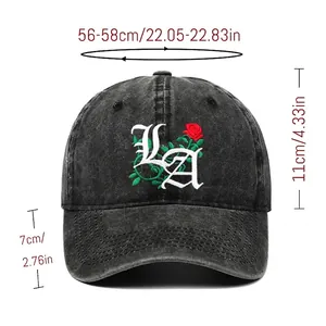 Washed black Gothic LA baseball cap with rose embroidery and size chart details