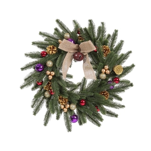 Christmas pine wreath with gold cones red berries and burlap bow for door decor