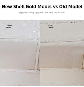 Macro view comparing textured leather lining and plain fabric lining of a makeup bag