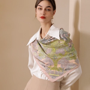 French vintage floral print square silk scarf for women featuring a Tree of Life design
