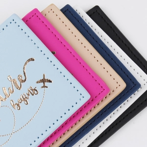 Premium PU leather luggage tags with gold foil 'here begins' and airplane design