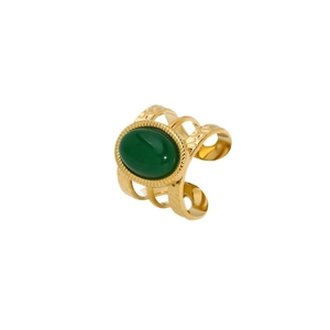 Golden stainless steel open ring with triple-layer bands and green oval natural stone