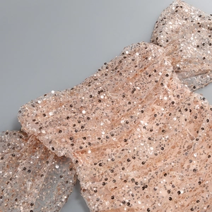 Detail of champagne gold sequins on fine mesh fabric with high-density stitching