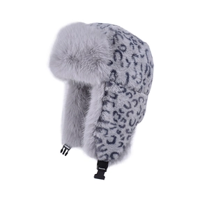 Winter plush leopard print aviator hat with ear flaps and buckle for windproof warmth