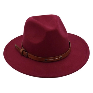 Close-up of the burgundy fedora hat featuring a brown leather belt strap with metal buckle