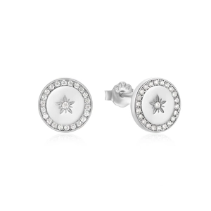 Detailed view of S925 sterling silver round stud earrings with starburst pattern and zircons
