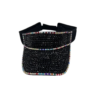 Detail view of black sun visor hat with sparkling rhinestones and colorful trim