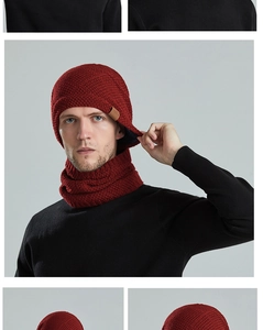 Close-up of burgundy men's winter knitted hat and neck warmer set with warm fleece lining