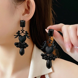 Gothic angel heart earrings with black bead tassels and teardrop pendants for women