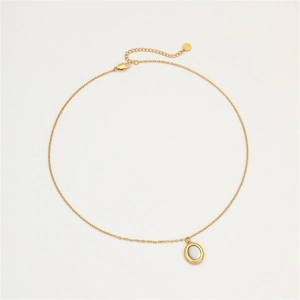 Gold stainless steel necklace featuring an oval white natural shell pendant with extension chain