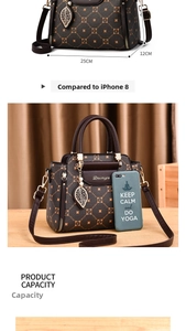 Detail showing 25cm base length of the brown monogram crossbody handbag with gold pendant
