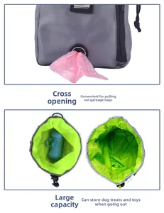 Detail of dog treat pouch with cross-opening dispenser and large interior capacity