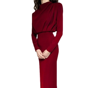 Elegant wine red long sleeve slim fit maxi dress with high neck pleated detail