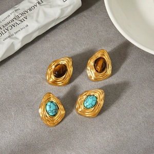 Vintage Wavy Stainless Steel Stud Earrings With Tiger Eye And Turquoise Retro Geometric Jewelry For Women