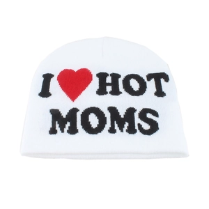 White knit beanie with black I Heart Hot Moms text and red heart icon print