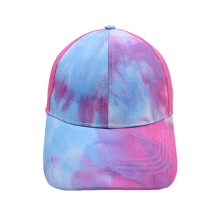 Vibrant tie-dye mesh baseball cap featuring pink and blue swirl patterns and a curved brim