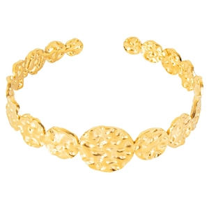 Polished gold-tone hammered stainless steel C-shaped cuff bracelet for women