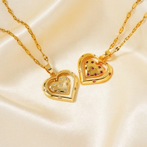 Elegant 18K gold double heart pendant necklace with zircon and purple gemstones