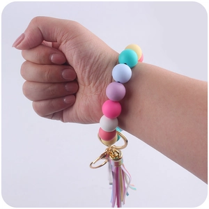 Silicone beaded wristlet keychain with colorful macaron beads and long tassel charm