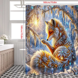 Fantasy Animal Shower Curtain Polyester Waterproof Bathroom Decorative Winter Snow Forest Landscape Forest Wildlife With Hooks