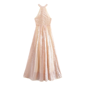 Elegant champagne sequin halter neck sleeveless maxi party dress with shimmering finish