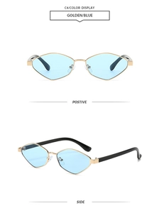 Front and side views of geometric gold metal sunglasses with light blue lenses