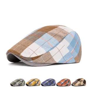 British style plaid flat cap in light blue and brown tweed with five color variants