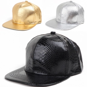 Faux Crocodile Pattern PU Leather Baseball Cap Flat Brim Metallic Snake Texture Snapback Hat Hip Hop Streetwear Style