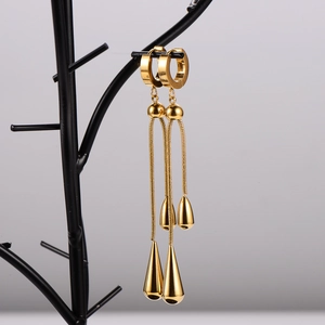 Elegant gold-plated waterdrop tassel earrings displayed on a black stand
