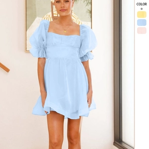 Retro Organza Minikleid Puffärmel Eckiger Ausschnitt Hohe Taille Einfarbig Prinzessin Sommer Party Mode A-Linie Damen
