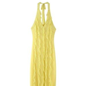 Vibrant yellow halter maxi dress featuring elegant vertical ruffles and a slim fit design