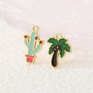 Stainless steel enamel cactus and coconut tree charm pendants for jewelry and keychains