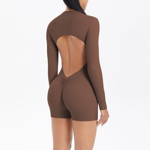 Detail of backless chocolate brown bodysuit with ruched peach butt lifting effect